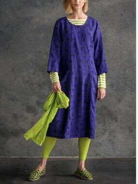 Gudrun Sjoden Sprint 100% Linen Midi Dress Purple Heart Pockets Lagenlook Sz XXL